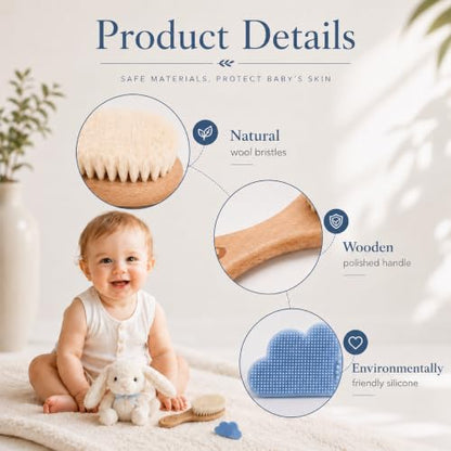 Baby Hair Brush & Comb Set, Organic Wooden Hairbrush Natural Goat Bristles for Newborns & Toddlers, Ideal for Cradle Cap & Itching, Perfect Shower and Registry Gift for Infant, Toddler (2pcs-Blue) - size: 2pcs-Blue