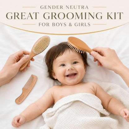 Baby Hair Brush & Comb Set, Organic Wooden Hairbrush Natural Goat Bristles for Newborns & Toddlers, Ideal for Cradle Cap & Itching, Perfect Shower and Registry Gift for Infant, Toddler (3 Piece Set) - size: 3 Piece Set