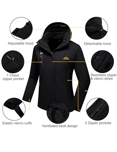 MAGCOMSEN Women's 3-in-1 Winter Coats Snow Ski Jacket Waterproof Windproof Fleece Lined Winter Jacket Parka - color: Pure Black, size: Small