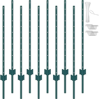 VEVOR 4 Feet U-Channel Metal Fence Post, 10 Pack with 20 Zip Ties & 20 Clips, Sturdy Steel Stakes for Garden Yard, Lawn, Farms and Outdoor Wire Fencing, Green - size: 4 Feet 10 Pack