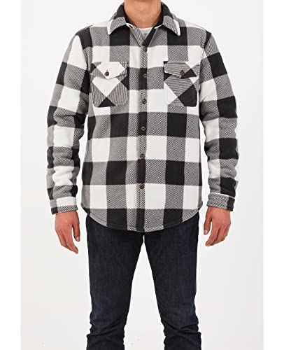 ZENTHACE Men's Warm Sherpa Lined Plaid Shirt Jacket - color: Buffalo Plaid Black and White, size: Medium