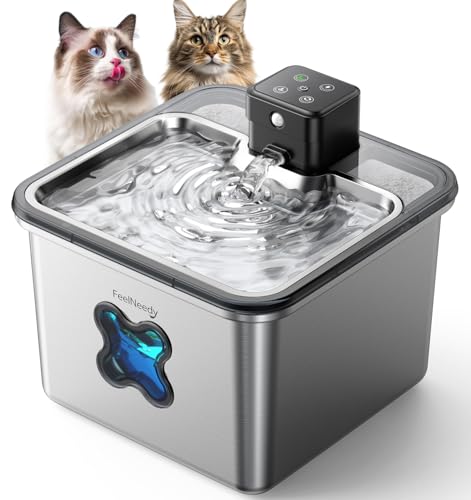 Cordless Cat Water Fountain : [Visual Filter] & [Heavy-Duty Stainless Steel] 3.2L/108oz, FEELNEEDY- Premium, Durable Design, 4000mAh Battery Operated Pet Fountain with Sensor, FN-W17 for Cats and Dogs