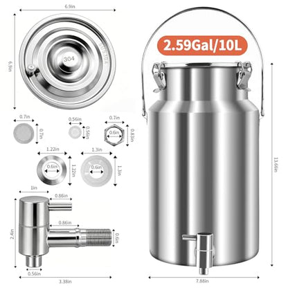304 Stainless Steel Water Dispenser with Faucet, Thickened Milk Can with Handle, Sealing Ring and Instruction Manual, 10L Stainless Steel Water Jug for Milk, Water, Tea, Juice and Beverage Storage - size: 10L