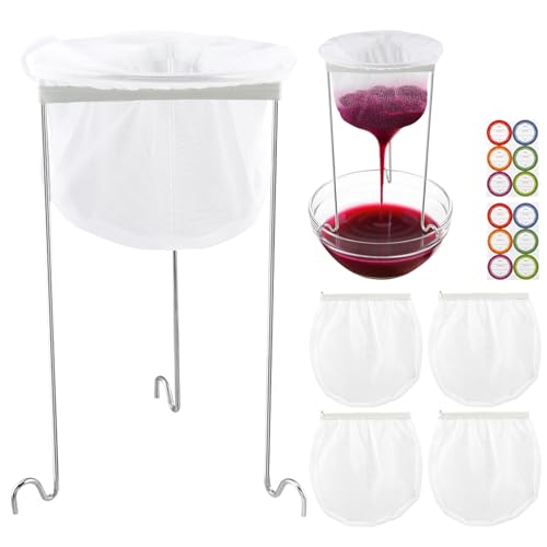 Juice Strainer Kit with 3 Tripod Stands 5 Mesh Bags and Labels | Hands free jelly strainer kit with reusable 100 mesh bags for juice, nut milk and canning prep