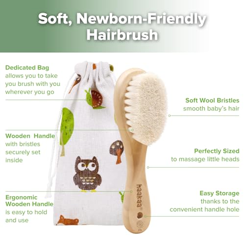 haakaa Wooden Baby Hair Brush for Newborns and Toddlers, Carry Pouch
