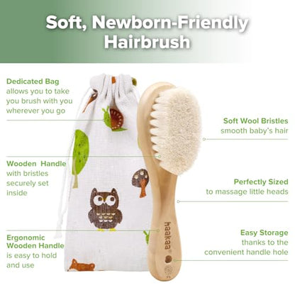 haakaa Wooden Baby Hair Brush for Newborns and Toddlers, Carry Pouch