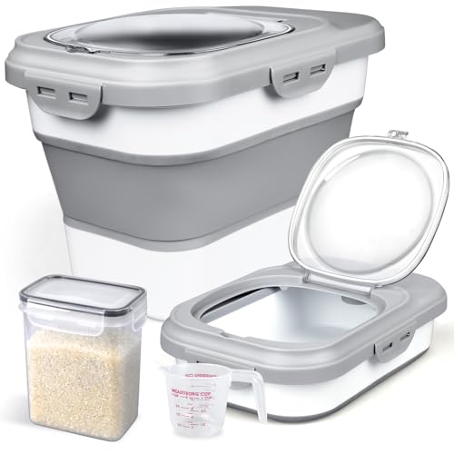 Komzon Rice Storage Container, Collapsible Airtight Food Storage Containers 6-20 Lbs, Rice Dispenser with Measuring Cup and Small Bin for Flour Cereal Pasta Grain, Cat Pet Dog Bird Food Container - size: 6-20 Lbs Gray