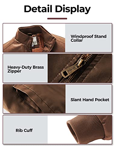 WenVen Men's Stand Collar Fleece Lined Faux Leather Jacket Warm Winter Coat | Bomber Outerwear - color: Field, size: Medium
