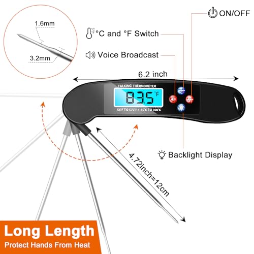 Digital Talking Thermometer for The Blind, Waterproof Instant Read Food Thermometer with Talking Function & Backlight, Meat Thermometer with Probe for Cooking and Grilling, and More - color: Black