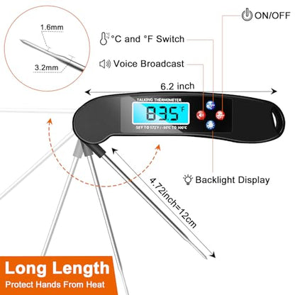 Digital Talking Thermometer for The Blind, Waterproof Instant Read Food Thermometer with Talking Function & Backlight, Meat Thermometer with Probe for Cooking and Grilling, and More - color: Black