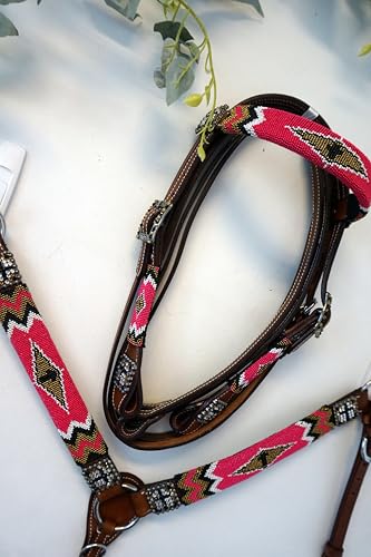 Pony Leather Headstall and Breast Collar Set Color Beaded with Gold & Black Beaded Overlay and Cross - color: Pink