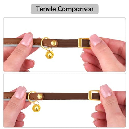 OOPSDOGGY Rolled Leather Cat Collar with Bell - Reflective Kitten Collar with Safety Elastic Strap - Adjustable Small Pet Collars for Boy Girl Cats (Brown) - color: Brown