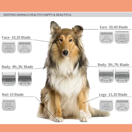 8 Pc Dog Grooming Blade Compatible with Andis/Oster A5/Wahl KM10Dog Clipper | Include 40+30+15+10+7FC+5FC+4FC+3-3/4FC #Ceramic Blades - size: 8 PC（0.25-13mm）