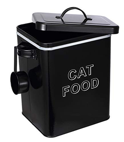 Pethiy Cat Food and Treats Containers Set with Scoop for Cats or Dogs -Tight Fitting Wood Lids - Coated Carbon Steel - Storage Canister Tins-Cat-Black - color: Black(CAT FOOD)