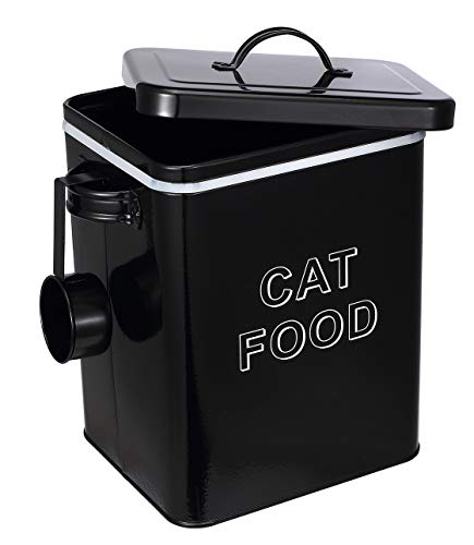 Pethiy Cat Food and Treats Containers Set with Scoop for Cats or Dogs -Tight Fitting Wood Lids - Coated Carbon Steel - Storage Canister Tins-Cat-Black - color: Black(CAT FOOD)