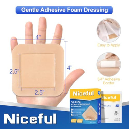 Niceful Silicone Foam Dressing 4"x4", Waterproof Silicone Bandages with Border Adhesive, High Absorbency Bed Sore Bandages Wound Care Dressing (2.5"X2.5" Pad), 5 Packs, FSA HSA Eligible | Bordered Silicone Foam, 5-Layer Exudate Lock, Waterproof Painless R