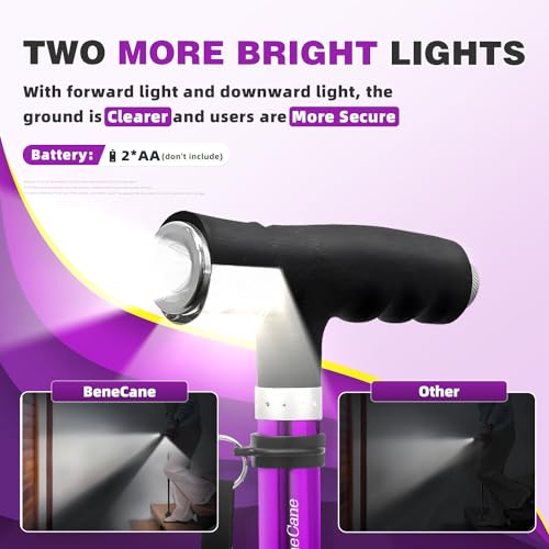 BeneCane Walking Cane for Women Folding Cane for Men with Two Led Lights Quad Cane with Stable Base Lightweight and Adjustable Walking Stick - color: Carved Purple