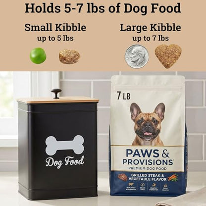 Metal Dog Food Container 5-7lb, 25 Cup w/ Airtight Bamboo Lid, Metal Handle - color: Black: Bone