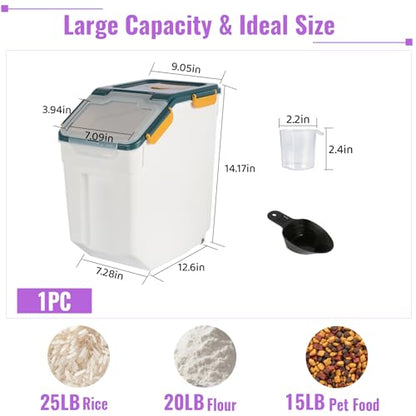 Rice Container 25 lbs Large Bulk Flour Sugar Storage Holdhouse Plastic Grain Cereal Dry Goods Bin with Spoon and Measuring Cup for Kitchen Pantry Organization - Blue - color: Blue