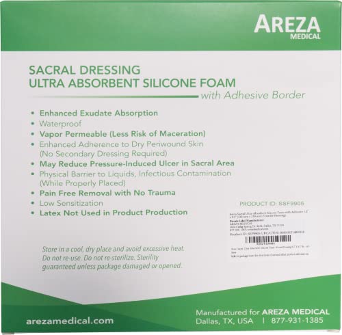 Areza Medical - Silicone Foam with Super-Absorbent Layer - Wound Dressing - Waterproof - with Adhesive Border - Sterile - Designed for Sacral Wounds - 9.2" x 9.2" - 5 PCS per Box - size: 9.2" x 9.2" - 5 PCS