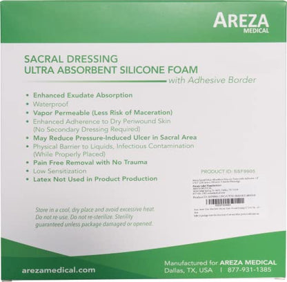 Areza Medical - Silicone Foam with Super-Absorbent Layer - Wound Dressing - Waterproof - with Adhesive Border - Sterile - Designed for Sacral Wounds - 9.2" x 9.2" - 5 PCS per Box - size: 9.2" x 9.2" - 5 PCS