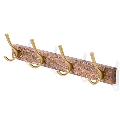 17 Inch Walnut Wood Wall Mounted Coat Rack with 4 Gold Double Hooks, Adhesive Mounted Entryway Hooks, Modern Natural Wooden Pegs for Hanging Coat Clothes Hat Bag Purse Key and Towel - color: Coat Rack with 4 Gold Hooks