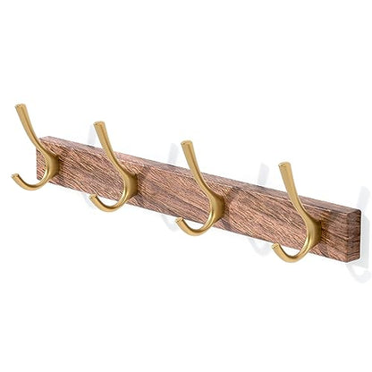 17 Inch Walnut Wood Wall Mounted Coat Rack with 4 Gold Double Hooks, Adhesive Mounted Entryway Hooks, Modern Natural Wooden Pegs for Hanging Coat Clothes Hat Bag Purse Key and Towel - color: Coat Rack with 4 Gold Hooks