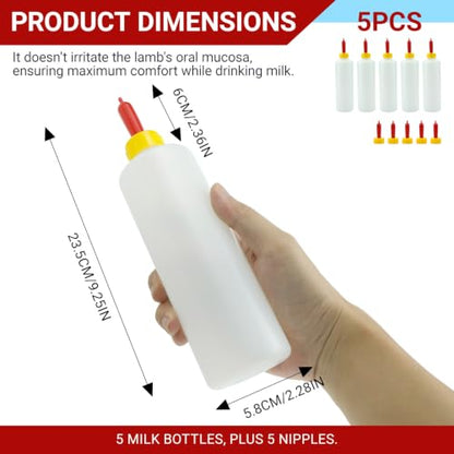 Lamb Feeding Bottle, 400 ML 5Pcs Animal Milk Feeder with 5 Pcs Replacement Nipples for Feeding Sheep Lamb