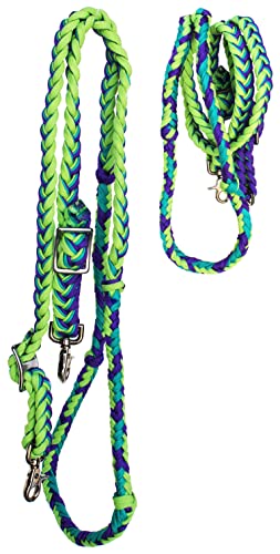 CHALLENGER Horse Western Nylon Braided 8 Ft. Knotted Roping Barrel Reins Purple Teal Orange 60737 - color: Lime Green / Purple / Turquoise