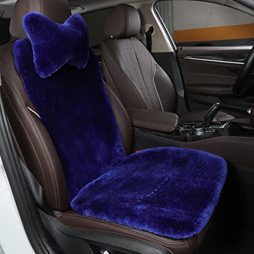 OGLAND Blue Fuzzy Sheepskin Car Seat Cover | Soft Natural Fur Wool Cushion - color: Blue