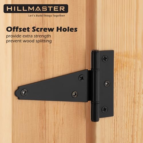 Hillmaster 4 Inch T-Strap Heavy Duty Shed Door Hinges - Black Tee Hinge for Wooden Fences, Shutter, Window, Yard, Barn Door, Outdoor (2 Pack) - size: 4in 2Pack