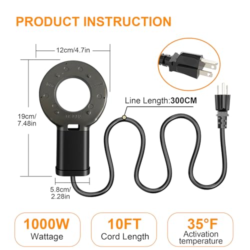 1000W Utility De-Icer, Submergible Bird Bath Heater De-icer, Chicken Water Heater, Stock Tank Heater for Livestock Poultry Birds, Cows, Horses, Wildlife Drinkingwith 10FT Power Cord, Black