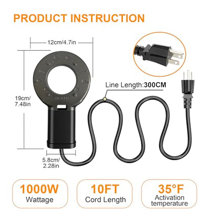 1000W Utility De-Icer, Submergible Bird Bath Heater De-icer, Chicken Water Heater, Stock Tank Heater for Livestock Poultry Birds, Cows, Horses, Wildlife Drinkingwith 10FT Power Cord, Black