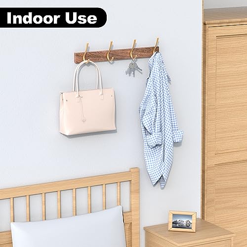 17 Inch Walnut Wood Wall Mounted Coat Rack with 4 Gold Double Hooks, Adhesive Mounted Entryway Hooks, Modern Natural Wooden Pegs for Hanging Coat Clothes Hat Bag Purse Key and Towel - color: Coat Rack with 4 Gold Hooks
