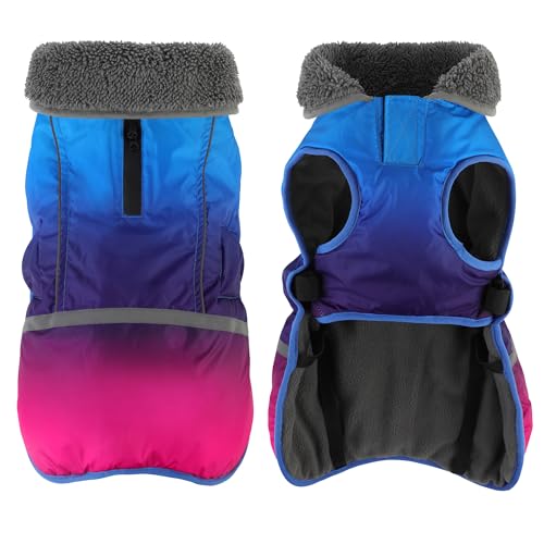 Dogcheer Warm Dog Coat, Waterproof Dog Winter Jacket Christmas Puppy Cold Weather Coats with Buckle, Reflective Adjustable Pet Snow Jacket for Small Medium Large Dogs - Gradient Blue-red, S - color: Gradient Blue-red, size: Small