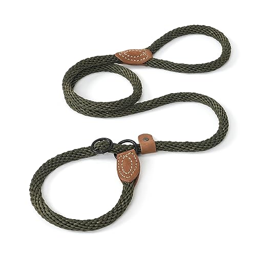 Mile High Life Heavy Duty Slip Lead No Pull Leash w Leather-Reinforced Ends - color: Drak Green, size: 6 Feet