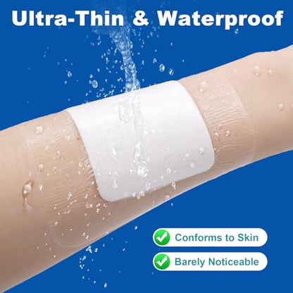 Dimora Waterproof Adhesive Bandages with Pad, Transparent Film Dressing 4x4 inch 25 Packs, Clear Bandage Tape for Wound Care, Fragile Skin and Swimming,IV Shield, Tattoo Aftercare - size: 4x4 Inch