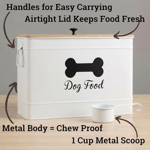 Metal Dog Food Container 15-20 lbs w/ Airtight Bamboo Lid, 70 Cup Capacity - color: White