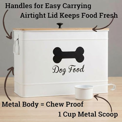 Metal Dog Food Container 15-20 lbs w/ Airtight Bamboo Lid, 70 Cup Capacity - color: White
