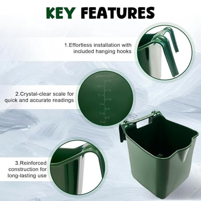 Horse Feed Bucket, 15 Quart Plastic Stall Hook Over, Green 4-Pack