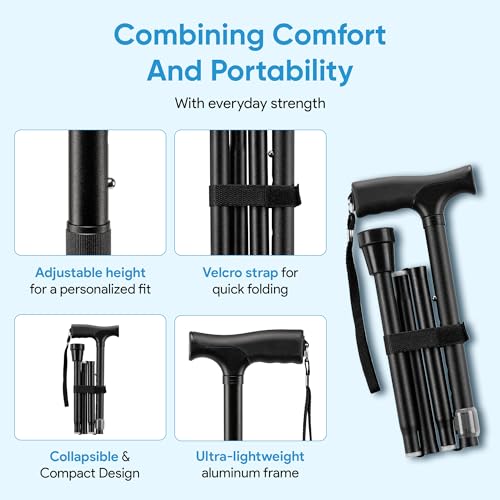 Mars Wellness Folding Cane - Adjustable Walking Cane for Women & Men - Collapsible Walking Stick for Seniors, Travel & Stability - Portable Mobility Aid