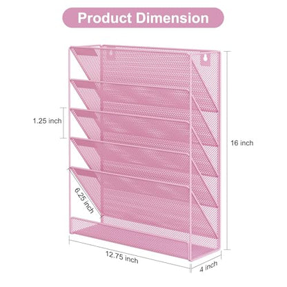 EasyPAG 5 Tier Wall File Holder, Mesh Hanging Folder Organizer with Classify Label, Versatile Desk File Holder, Vertical Wall Mounted Mail Organizer for Office Home Cubicle, Pink - color: Pink