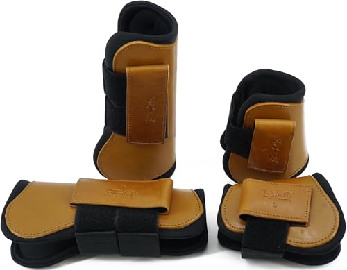 Jeereal Horse Tendon Brushing Boots Open Front & Fetlock Boot | Protective Gear and Training Equipment |Neoprene,Breathable Waterproof Fabric and Genuine Leather | 4 Set - color: Brown, size: Cob (Medium)