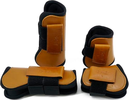 Jeereal Horse Tendon Brushing Boots Open Front & Fetlock Boot | Protective Gear and Training Equipment |Neoprene,Breathable Waterproof Fabric and Genuine Leather | 4 Set - color: Brown, size: Cob (Medium)