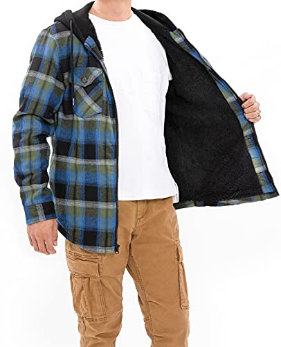 ZENTHACE Men's Sherpa Lined Full Zip Hooded Plaid Shirt Jacket - color: Blue Plaid, size: Medium
