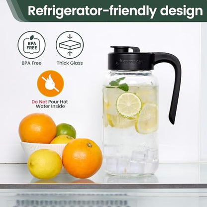 Mason Jar Pitcher, 64 oz (2 quart), Glass Pitcher with Lid | Airtight, Leak proof, Ergonomic Handle, Pour Spout Lid, Fridge Safe, for Sun Tea, Iced Tea, Cold Brew, Lemonade, Outside - color: Black