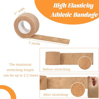 (12-Pack) 1” x 5 Yards | Self Adhesive Bandage Wrap, Skin Colour Athletic Elastic Cohesive Bandage Finger Tape for Wrist and Ankle Sprains & Swelling, Sports Wrap Tape