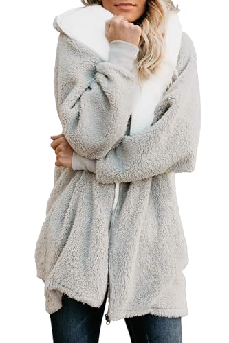 ReachMe Womens Fleece Zip Up Jacket with Pockets Oversized Long Sherpa Hoodie Fuzzy Jackets Warm Teddy Coat - color: 02 Light Grey, size: X-Large
