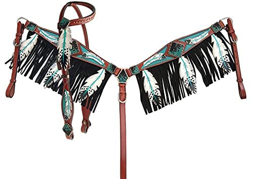 Showman Leather Headstall & Breast Collar Set w/Teal Cut-Out Feather Design Average Full Size Horse