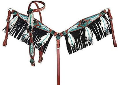 Showman Leather Headstall & Breast Collar Set w/Teal Cut-Out Feather Design Average Full Size Horse